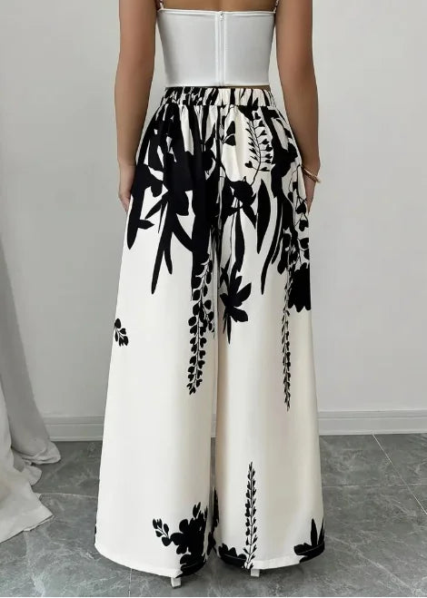 Women Black Ink Floral Print Wide Leg Pants