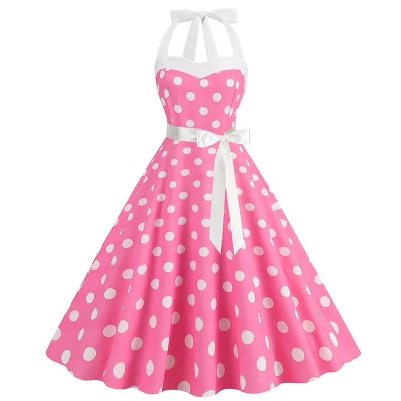 Women's Vintage Polka Dot Party Dress with Belt – 50s/60s Retro Charm