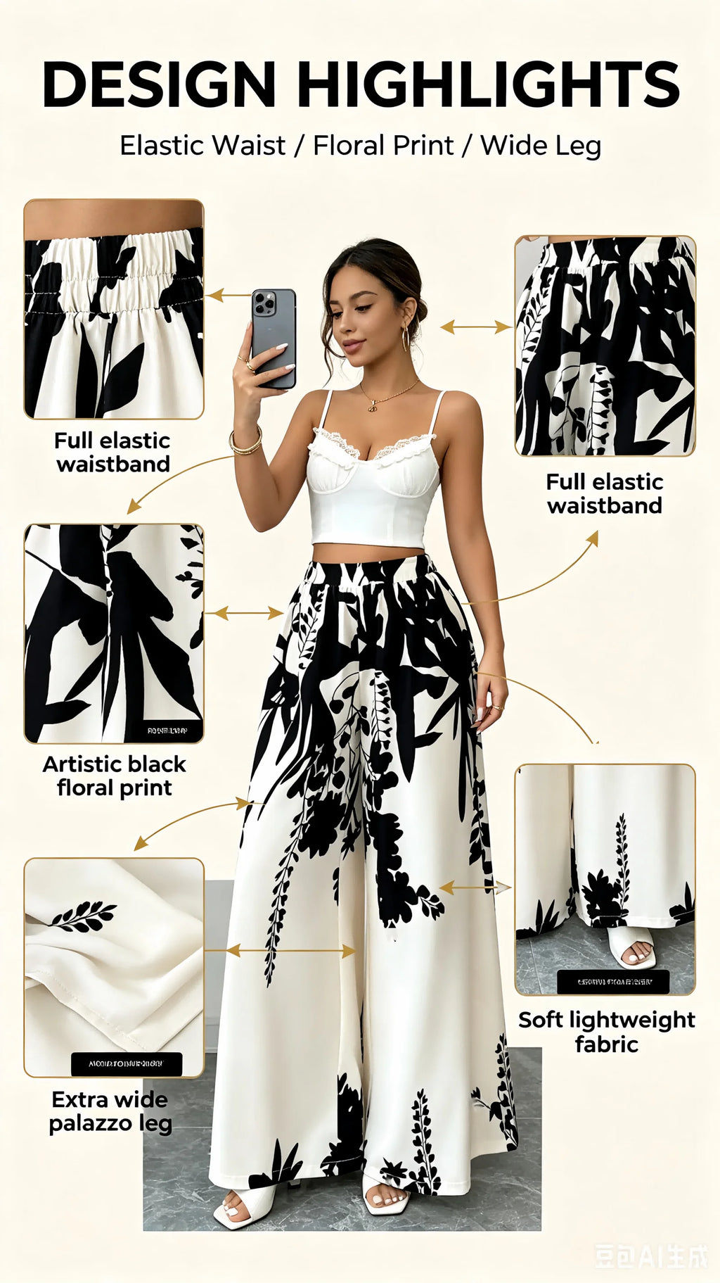 Women Black Ink Floral Print Wide Leg Pants