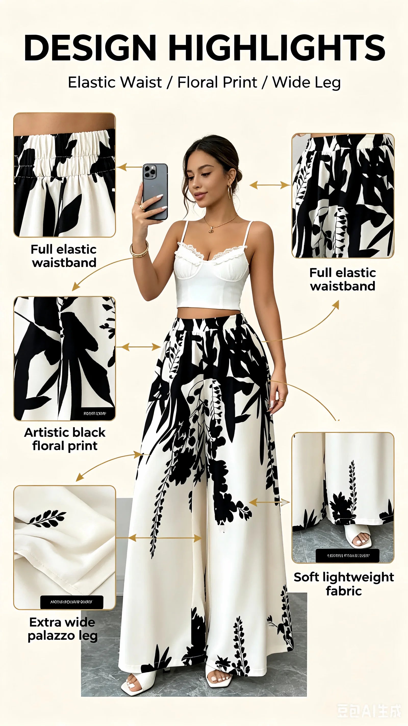 Women Black Ink Floral Print Wide Leg Pants