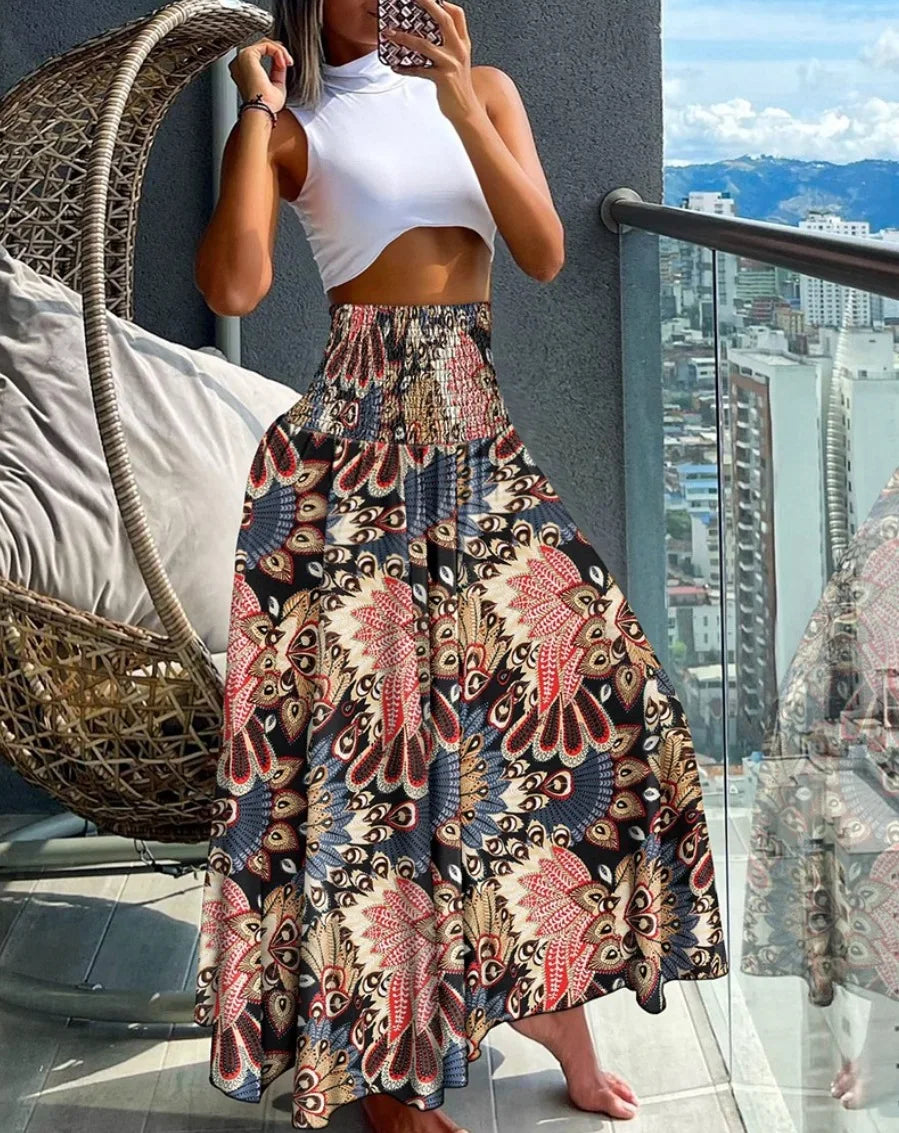 Women's High-Waist Boho Print Long Skirt – Flowy, Earthy & Free-Spirited