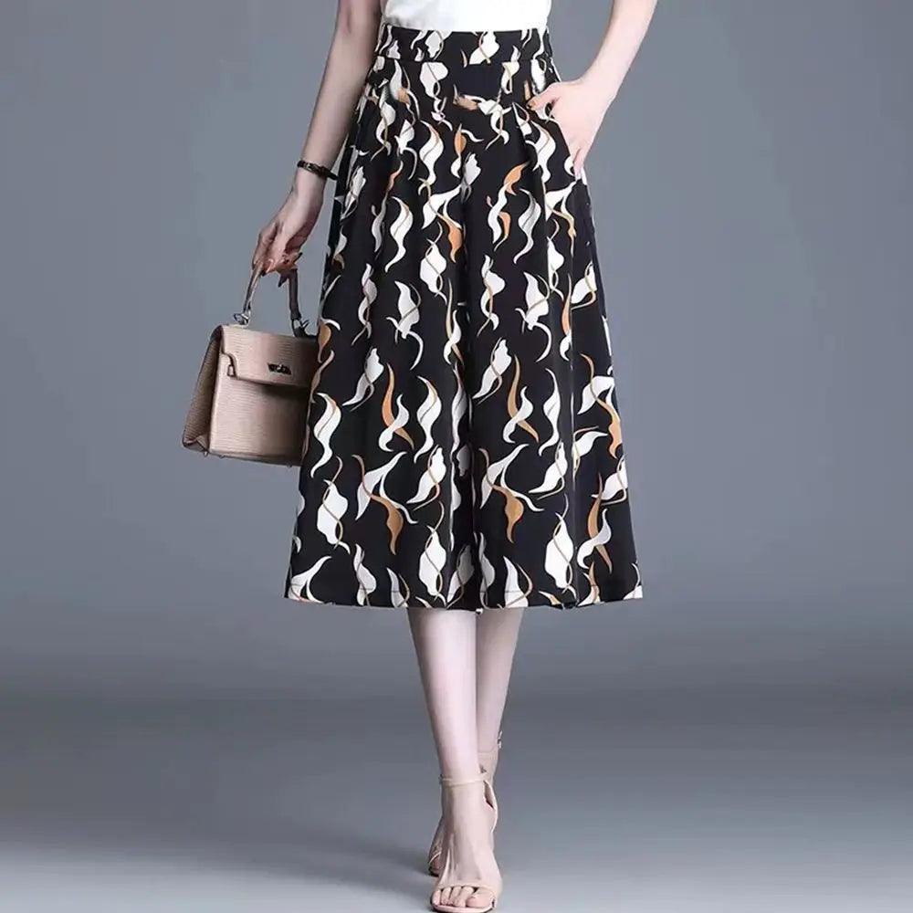 2023 New Summer Fashion Printing High Waist Wide Leg Pants Ladies Office Lady Geometric Elastic Waist Trousers Women Clothing