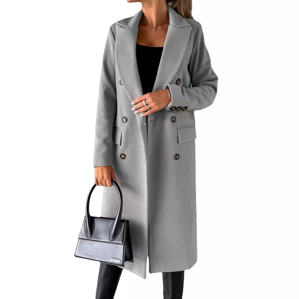 Women Wool Coats Long Jacket Double Breasted Turn Down Collar Woolen Overcoat Autumn Winter Vintage Office Lady Outerwear