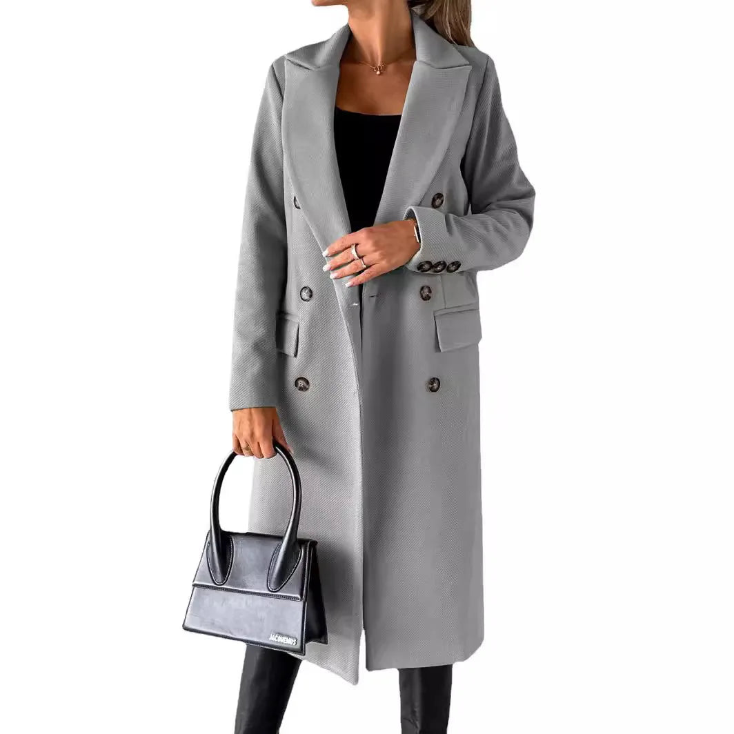 Women Wool Coats Long Jacket Double Breasted Turn Down Collar Woolen Overcoat Autumn Winter Vintage Office Lady Outerwear