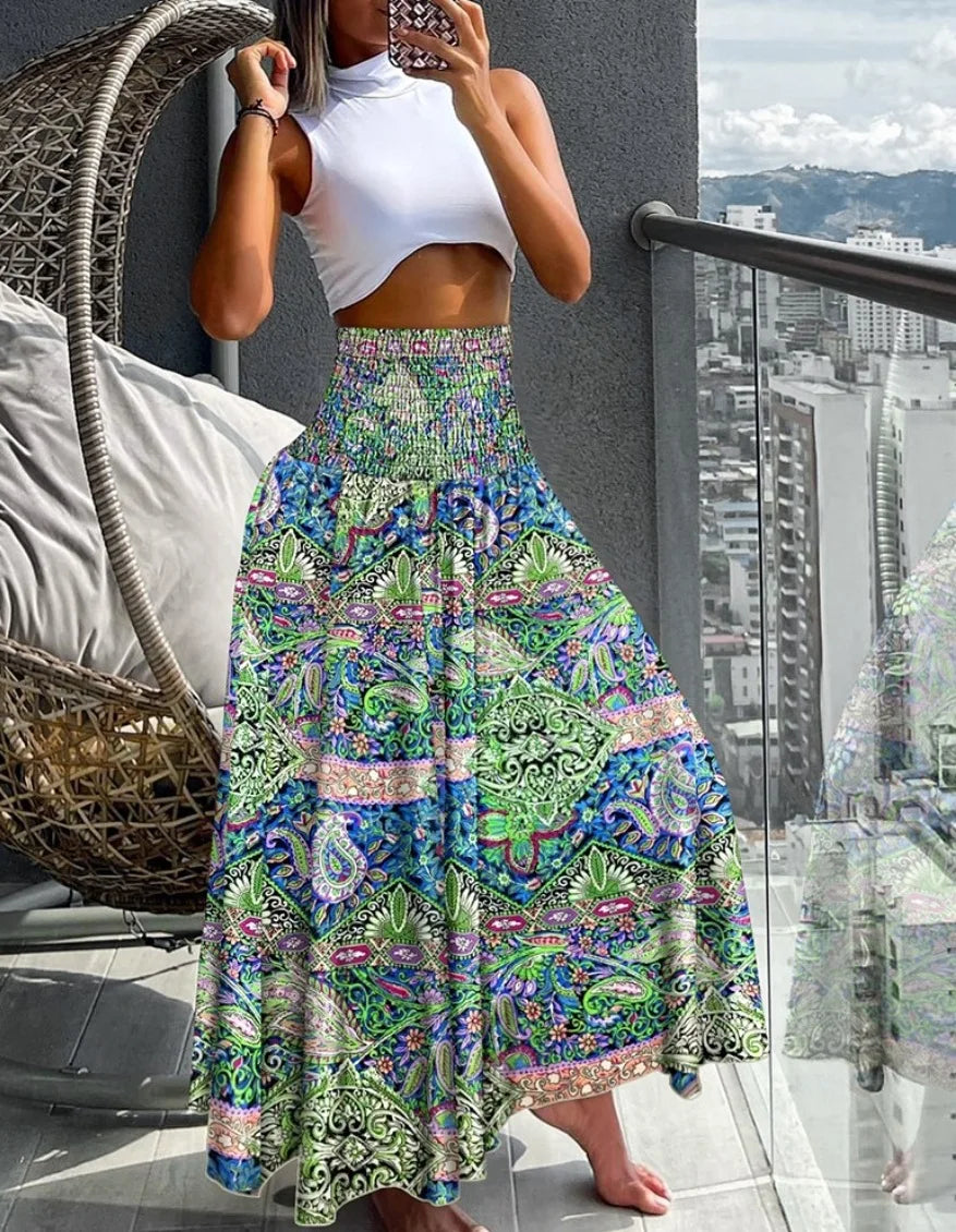 Women's High-Waist Boho Print Long Skirt – Flowy, Earthy & Free-Spirited