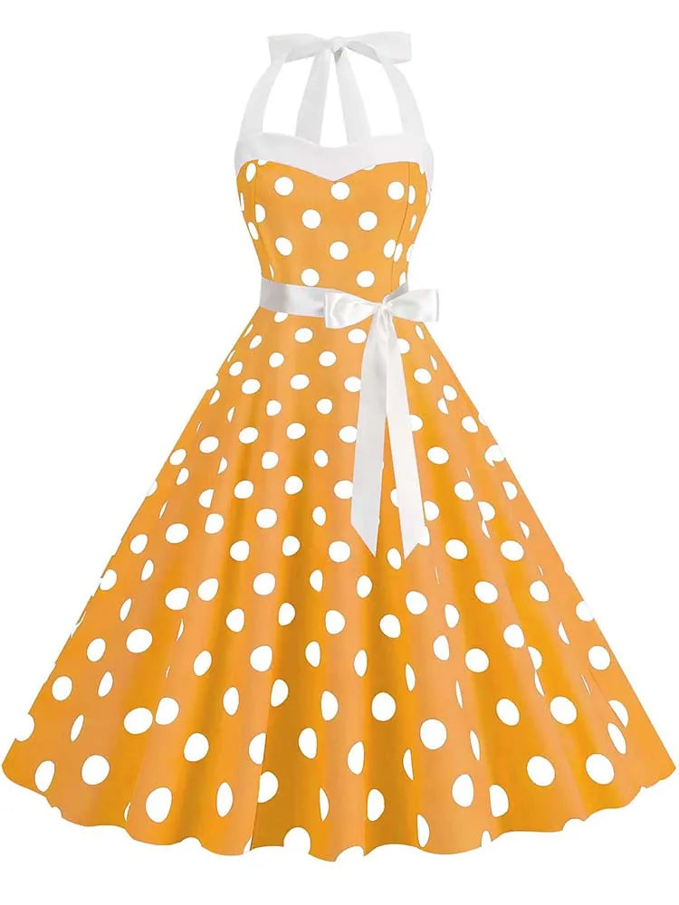 Women's Vintage Polka Dot Party Dress with Belt – 50s/60s Retro Charm