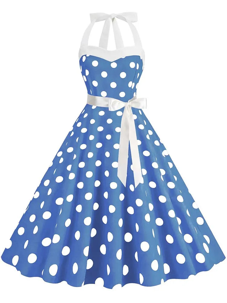 Women's Vintage Polka Dot Party Dress with Belt – 50s/60s Retro Charm