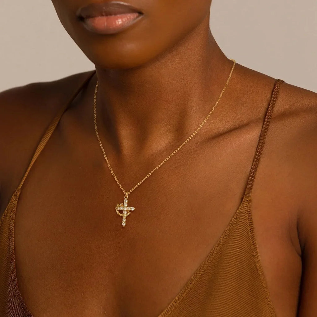 Ladies' Cross Necklace - Exquisite 14k Gold Cubic Zirconia Pendant Necklace