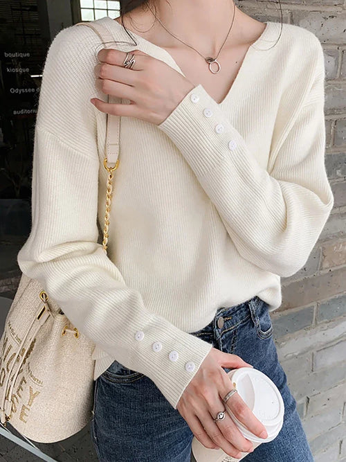 2026 Autumn Winter V Neck Sweater Pullovers Women Loose Button Pullover Women Soft Sweater Jumper Fashion Tops