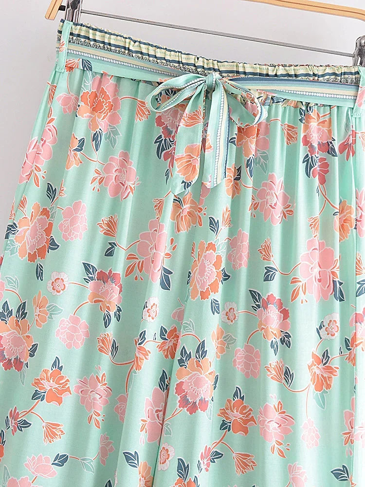 Boho Queens Women Green Floral Print Bohemian Wide Leg Pants Lady Elastic Waist Loose Rayon Boho Long Pants Oversize Trousers