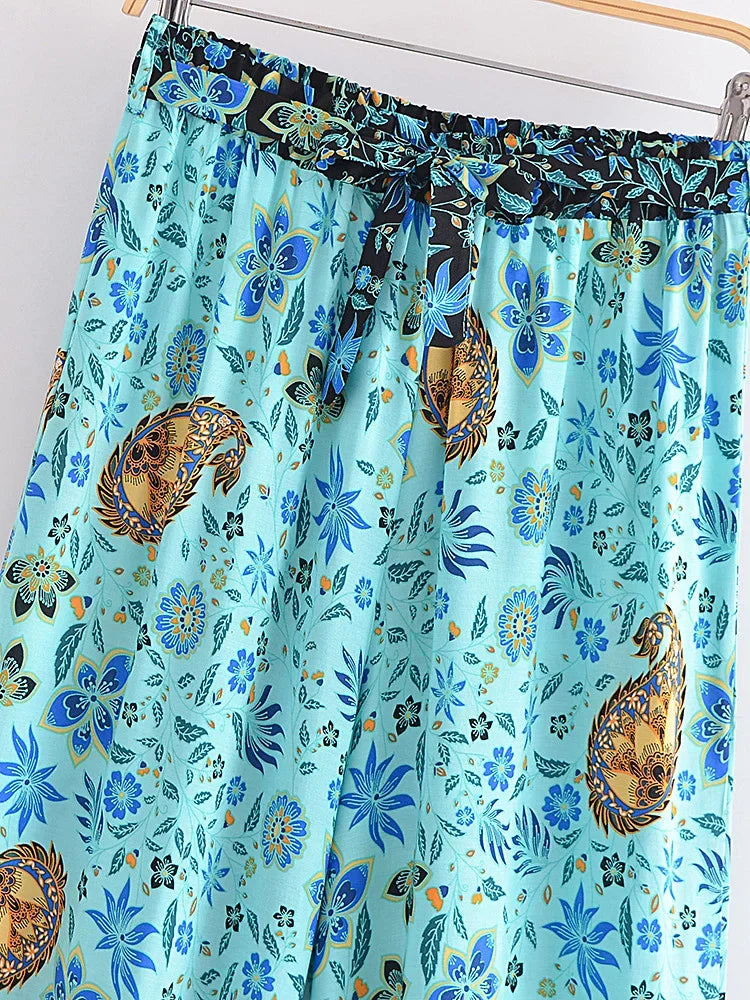 Boho Queens Women Green Floral Print Bohemian Wide Leg Pants Lady Elastic Waist Loose Rayon Boho Long Pants Oversize Trousers