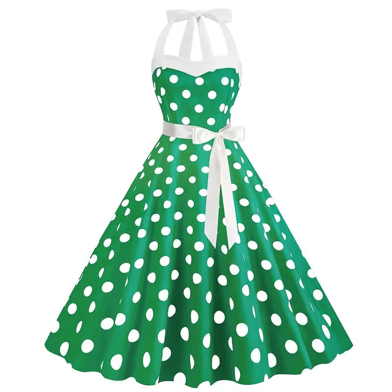 Women's Vintage Polka Dot Party Dress with Belt – 50s/60s Retro Charm