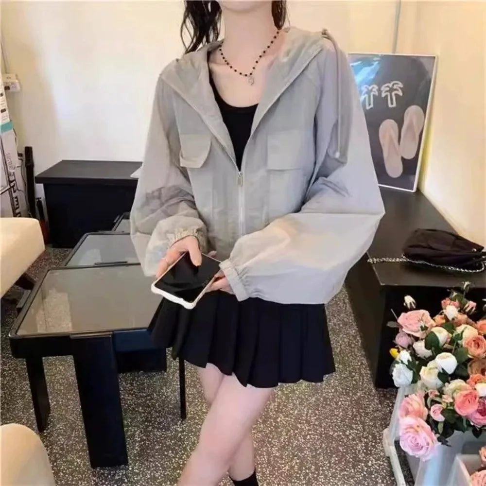 Solid Color Thin Sunscreen Clothing Anti UV Sun-Protective Leisure Hooded Outwear Quick Dry Loose Windbreaker Summer