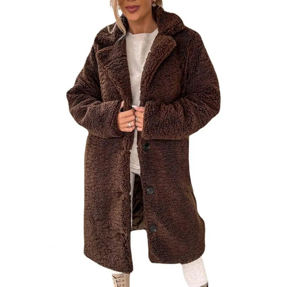 Trendy Women Overcoat Autumn Winter Women Trench Coat Long Style Pure Color Single-breasted Teddy Jacket  Windproof
