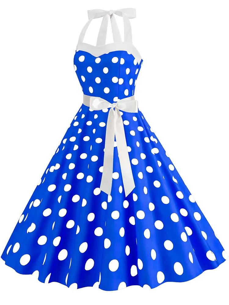 Women's Vintage Polka Dot Party Dress with Belt – 50s/60s Retro Charm