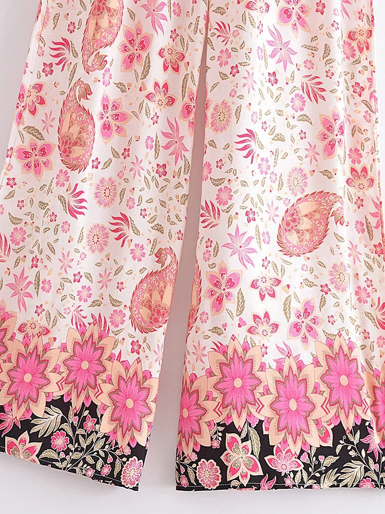 Boho Queens Women Green Floral Print Bohemian Wide Leg Pants Lady Elastic Waist Loose Rayon Boho Long Pants Oversize Trousers
