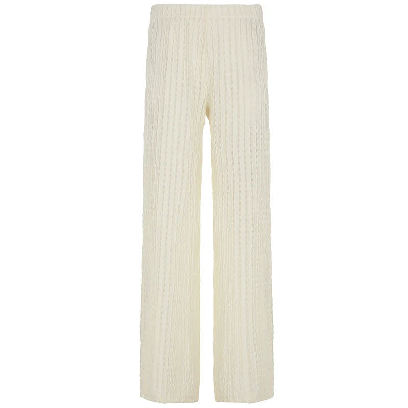 SUCHCUTE Holiday Fabric Texture Beach Knitted Pants Chic White Casual Pants  Y2k Aesthetic Summer Straight Trousers Beachwear