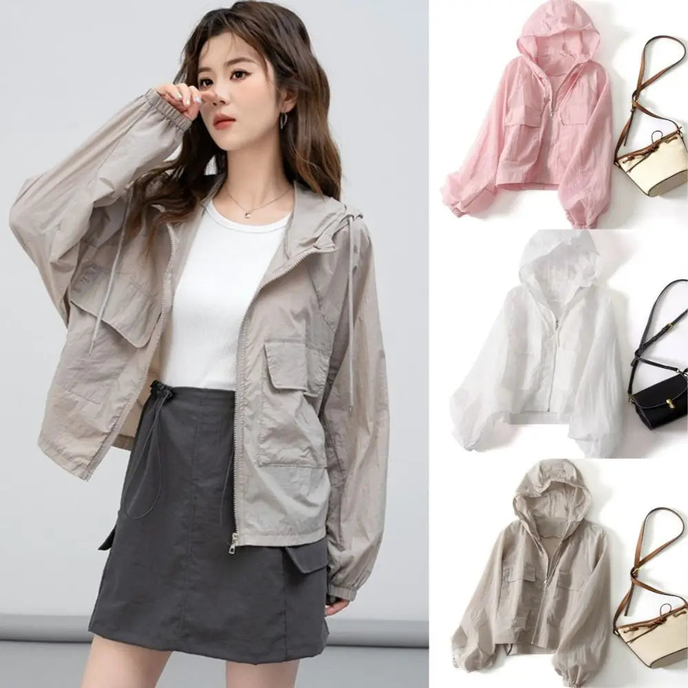 Solid Color Thin Sunscreen Clothing Anti UV Sun-Protective Leisure Hooded Outwear Quick Dry Loose Windbreaker Summer