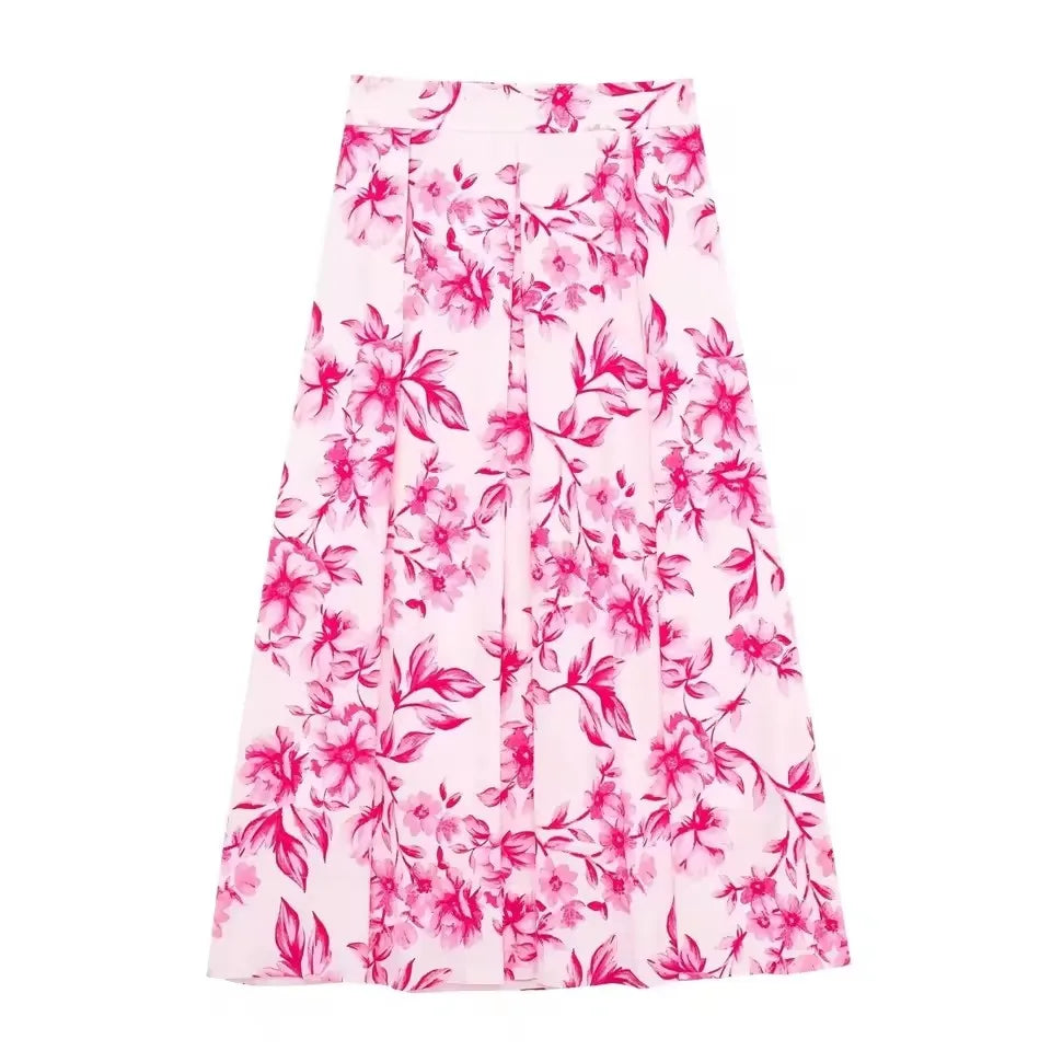 Sweet Pink Floral Print, Pleated Skirt (FREE SHIPPING)