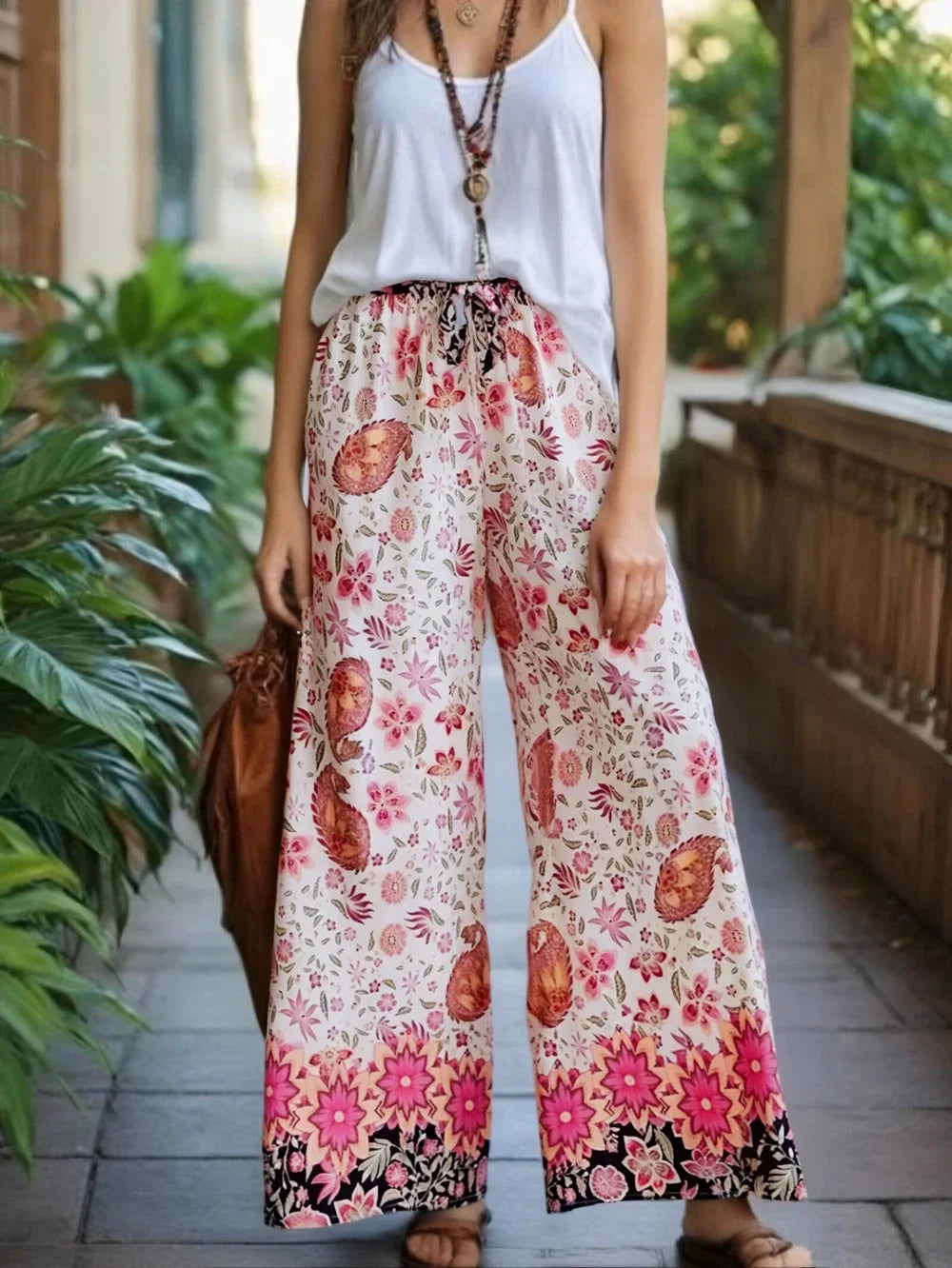 Boho Queens Women Green Floral Print Bohemian Wide Leg Pants Lady Elastic Waist Loose Rayon Boho Long Pants Oversize Trousers