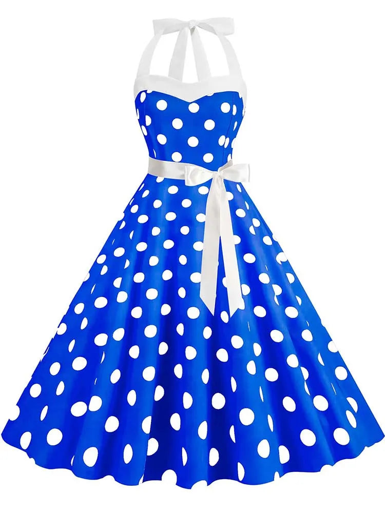 Women's Vintage Polka Dot Party Dress with Belt – 50s/60s Retro Charm