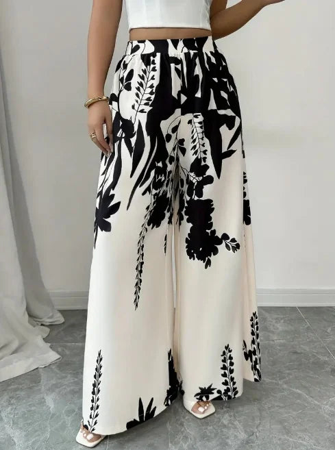 Women Black Ink Floral Print Wide Leg Pants
