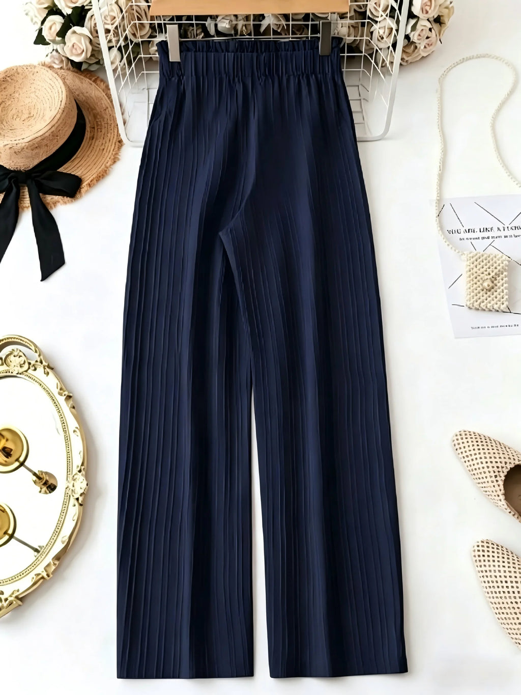 Navy Blue Women's Wide Leg Pants High Waist Bow Tie Elastic Waist Casual Trousers Summer 2026 New Arrival Textured Flowy Pants