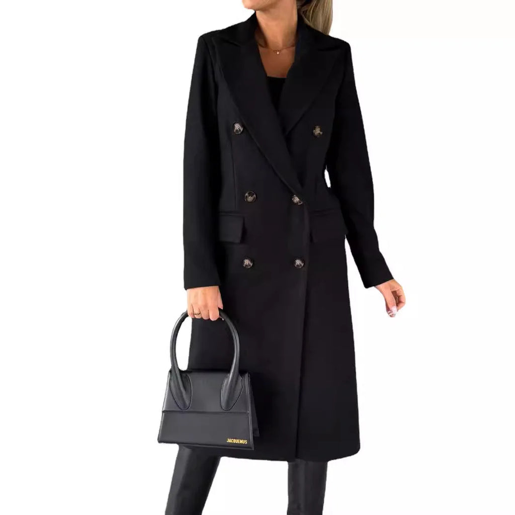 Women Wool Coats Long Jacket Double Breasted Turn Down Collar Woolen Overcoat Autumn Winter Vintage Office Lady Outerwear