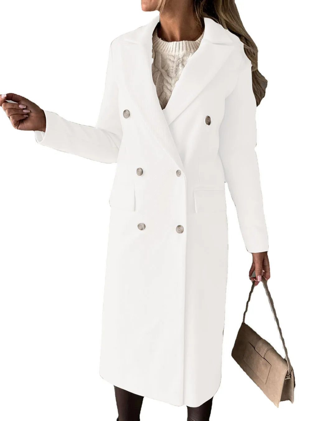 Women Wool Coats Long Jacket Double Breasted Turn Down Collar Woolen Overcoat Autumn Winter Vintage Office Lady Outerwear