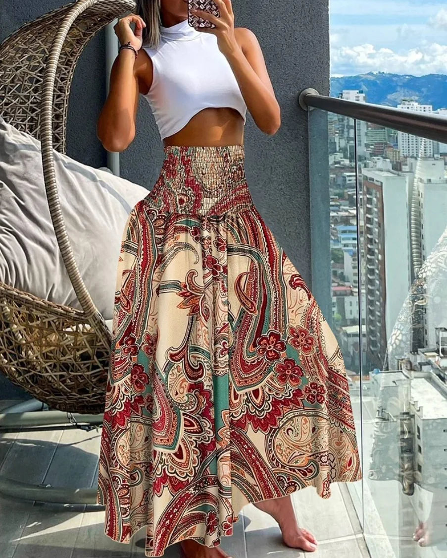 Women's High-Waist Boho Print Long Skirt – Flowy, Earthy & Free-Spirited