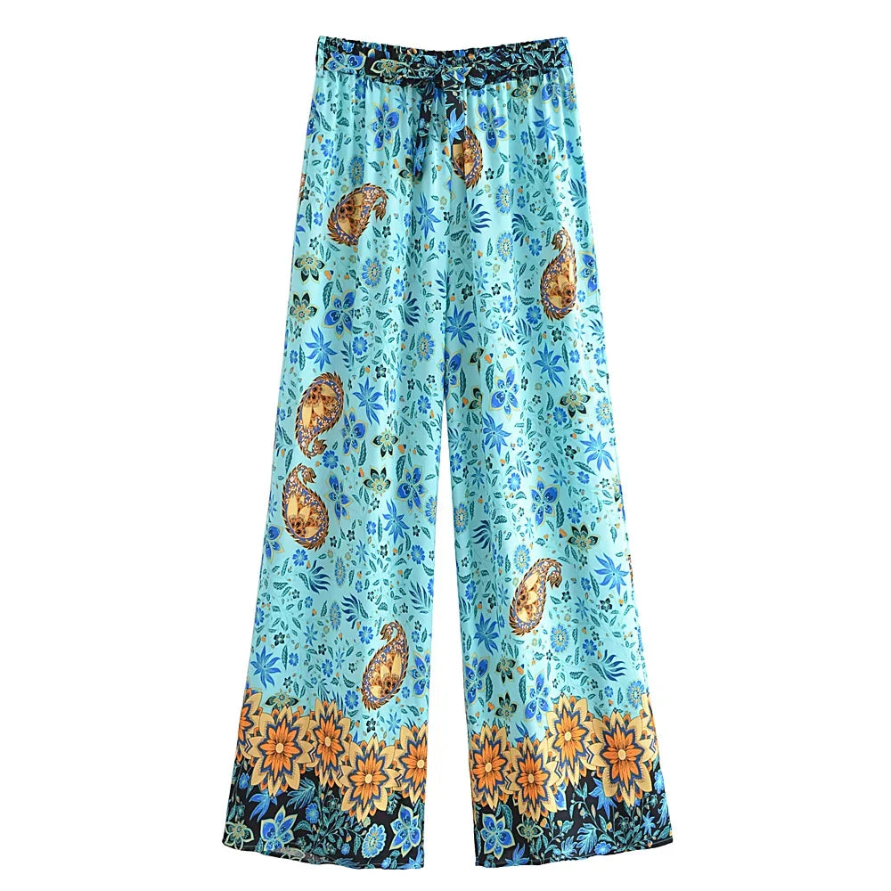 Boho Queens Women Green Floral Print Bohemian Wide Leg Pants Lady Elastic Waist Loose Rayon Boho Long Pants Oversize Trousers