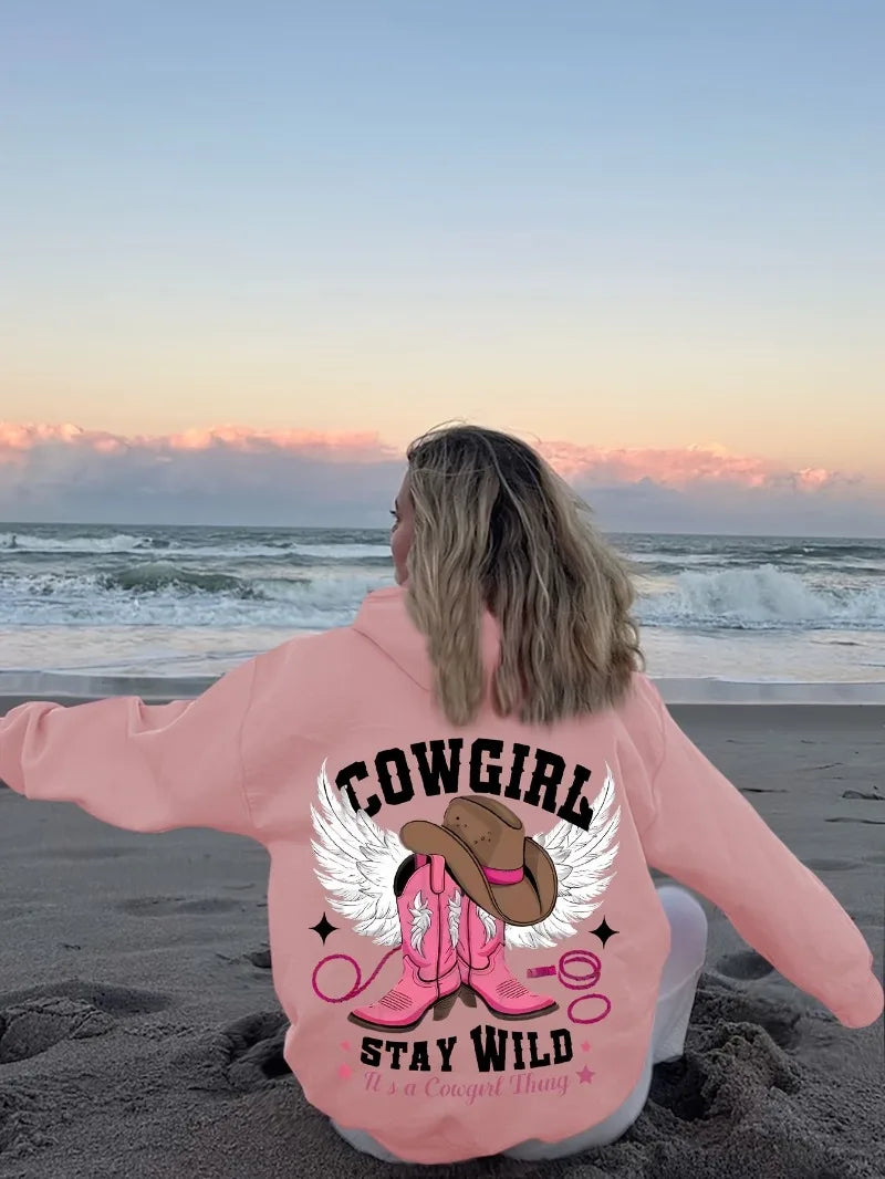 Western Chic Cowgirl Hoodie Long Sleeve Pullover Sweatshirt with Hood Embroidered Cowboy Hat and Boot Casual  Relaxed Fit