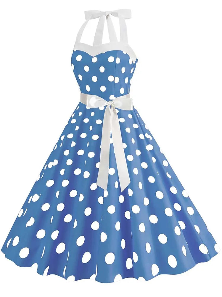 Women's Vintage Polka Dot Party Dress with Belt – 50s/60s Retro Charm