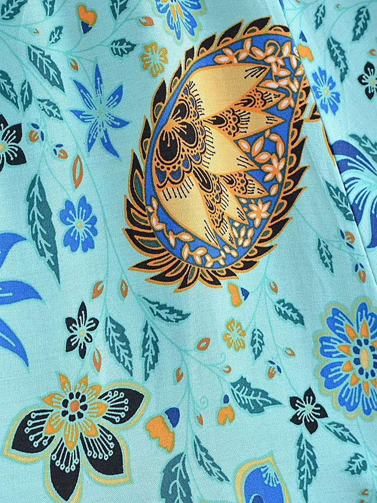 Boho Queens Women Green Floral Print Bohemian Wide Leg Pants Lady Elastic Waist Loose Rayon Boho Long Pants Oversize Trousers