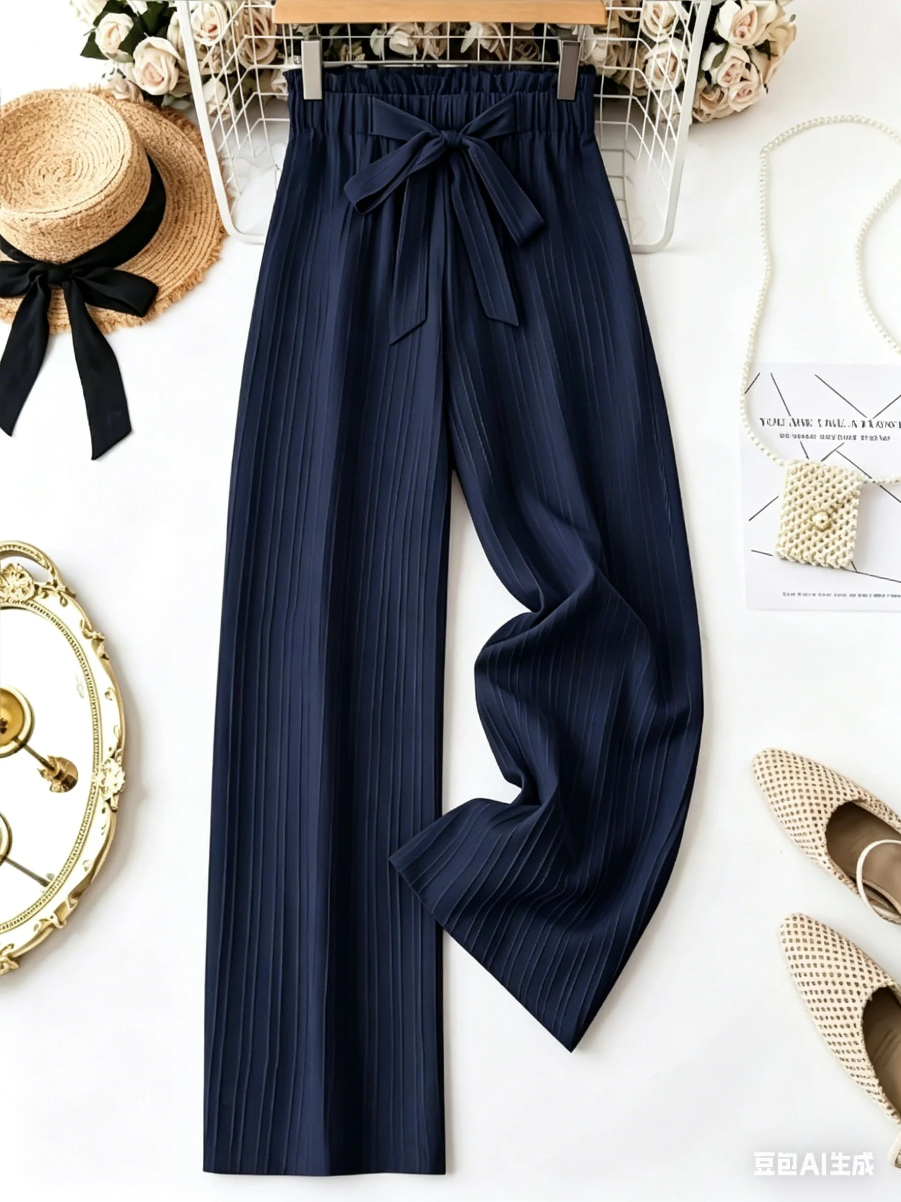 Navy Blue Women's Wide Leg Pants High Waist Bow Tie Elastic Waist Casual Trousers Summer 2026 New Arrival Textured Flowy Pants