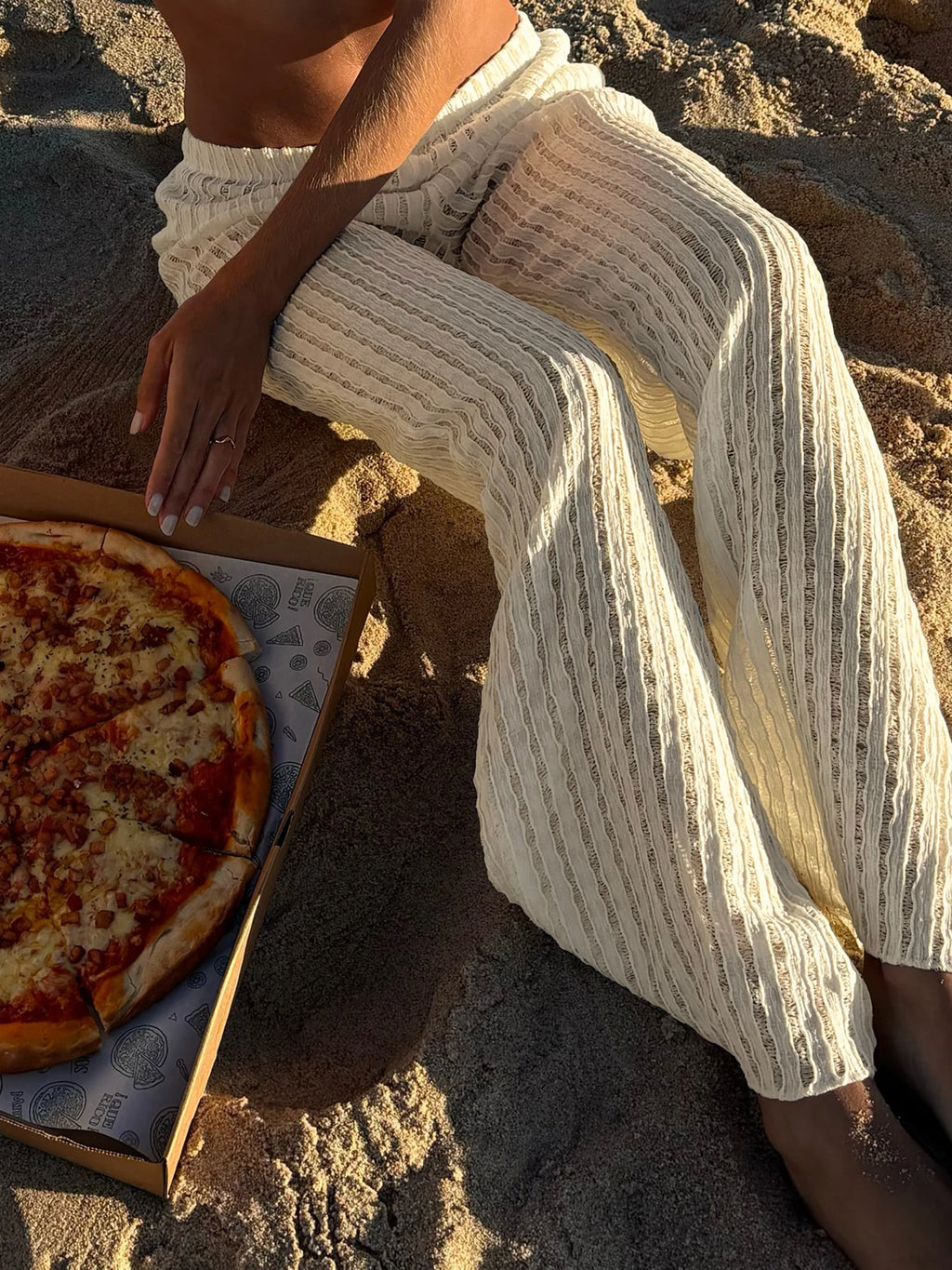 SUCHCUTE Holiday Fabric Texture Beach Knitted Pants Chic White Casual Pants  Y2k Aesthetic Summer Straight Trousers Beachwear