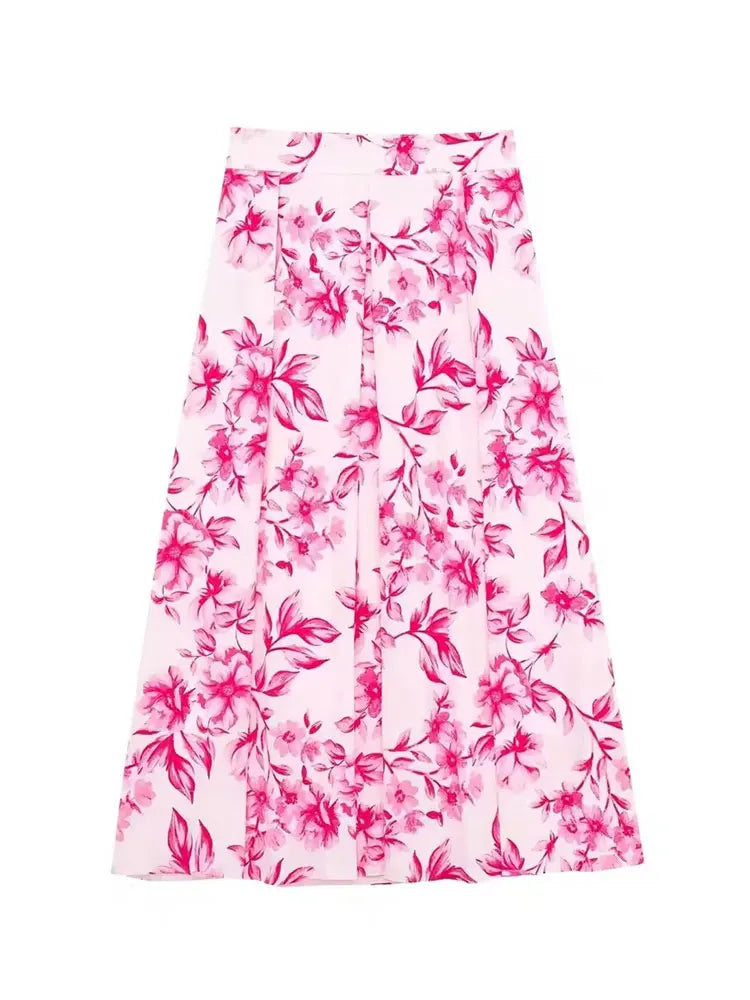 Sweet Pink Floral Print, Pleated Skirt (FREE SHIPPING)