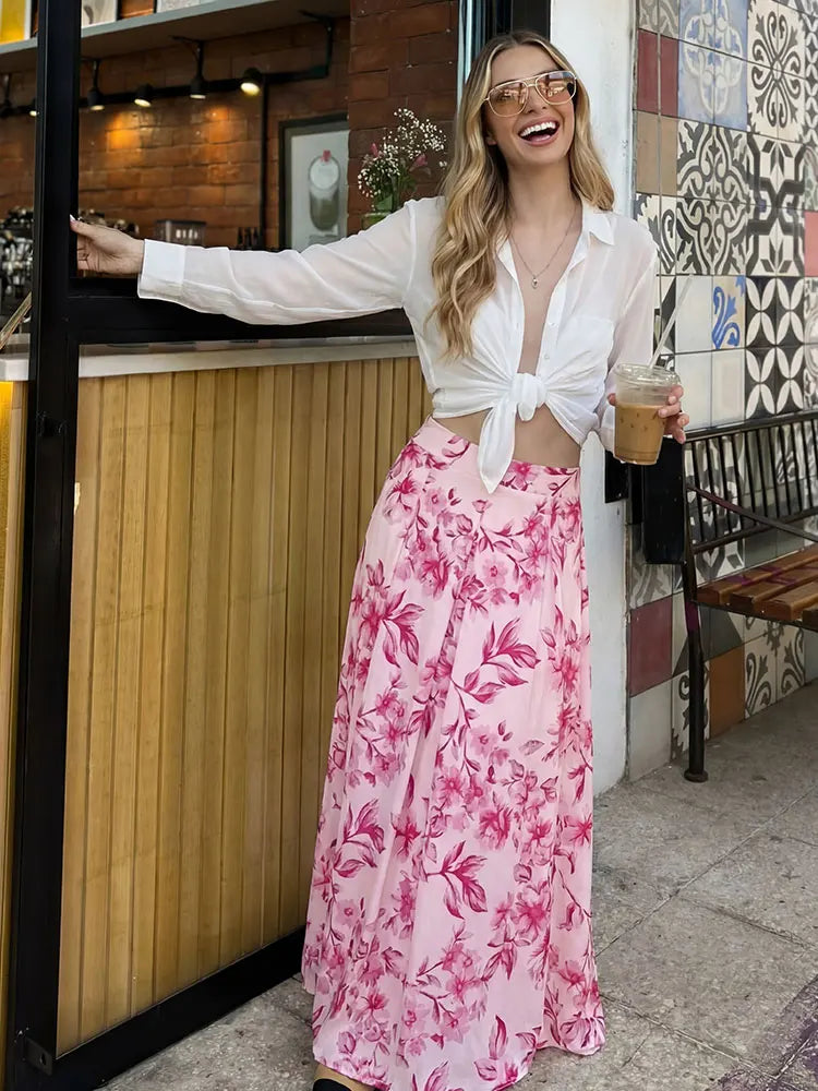 Sweet Pink Floral Print, Pleated Skirt (FREE SHIPPING)