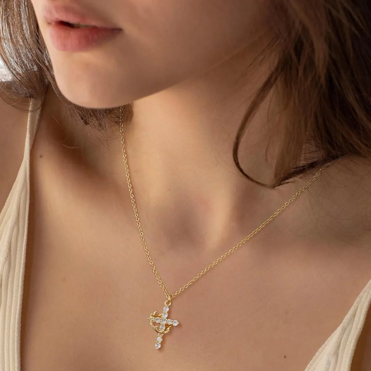 Ladies' Cross Necklace - Exquisite 14k Gold Cubic Zirconia Pendant Necklace