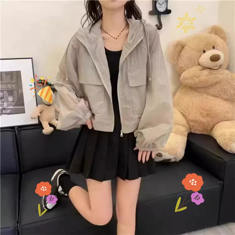 Solid Color Thin Sunscreen Clothing Anti UV Sun-Protective Leisure Hooded Outwear Quick Dry Loose Windbreaker Summer