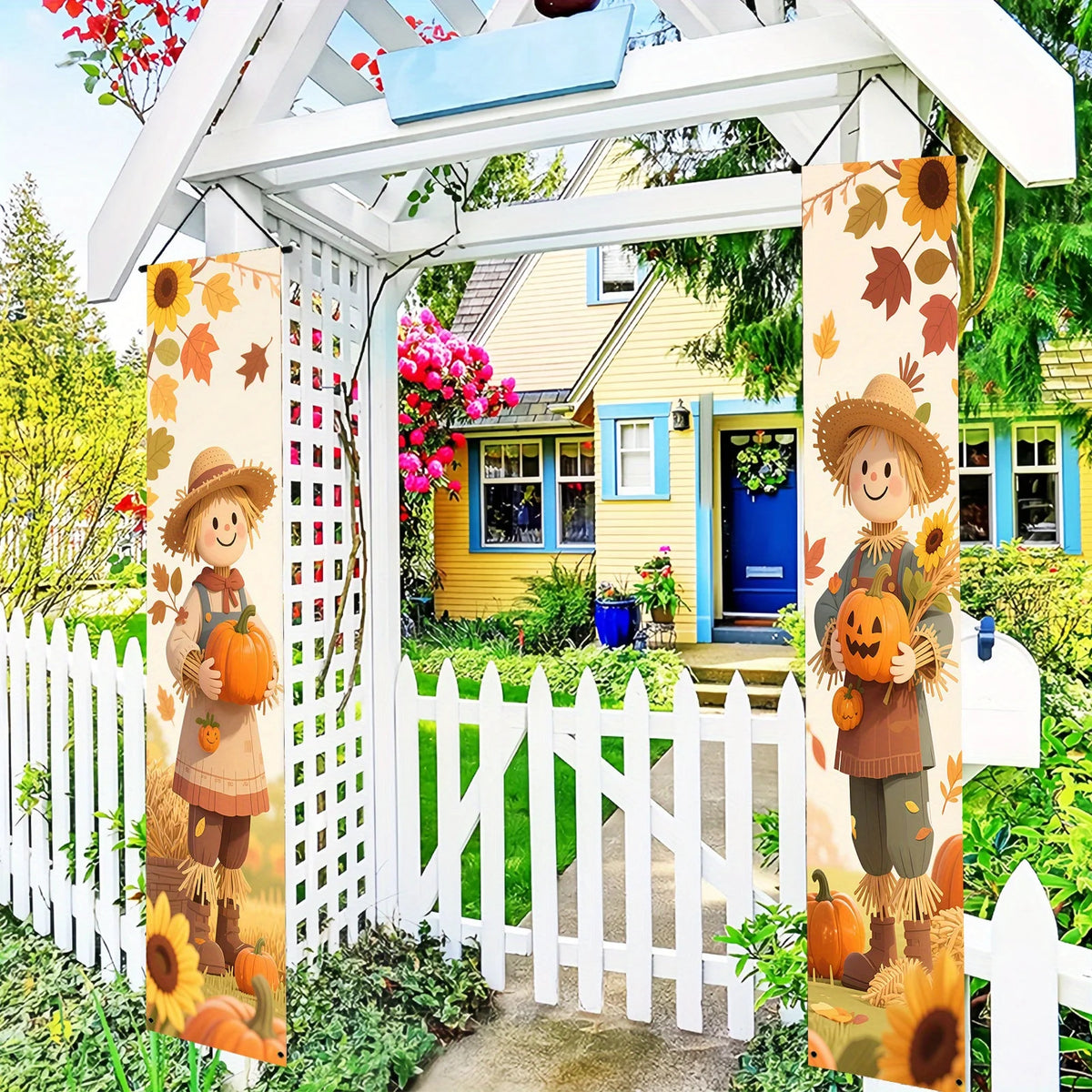 Fall Thanksgiving Banner Pumpkin Scarecrow Outdoor Wall Hanging