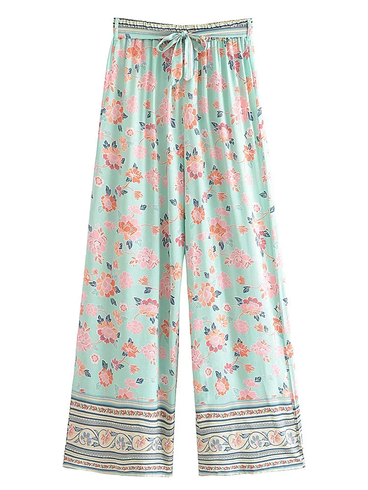Boho Queens Women Green Floral Print Bohemian Wide Leg Pants Lady Elastic Waist Loose Rayon Boho Long Pants Oversize Trousers