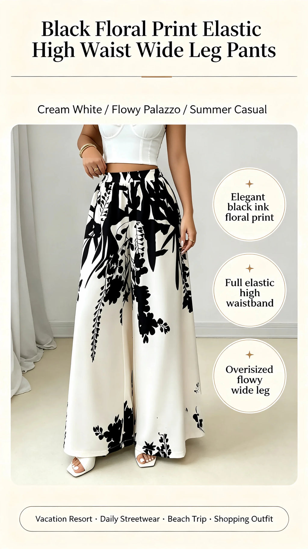 Women Black Ink Floral Print Wide Leg Pants