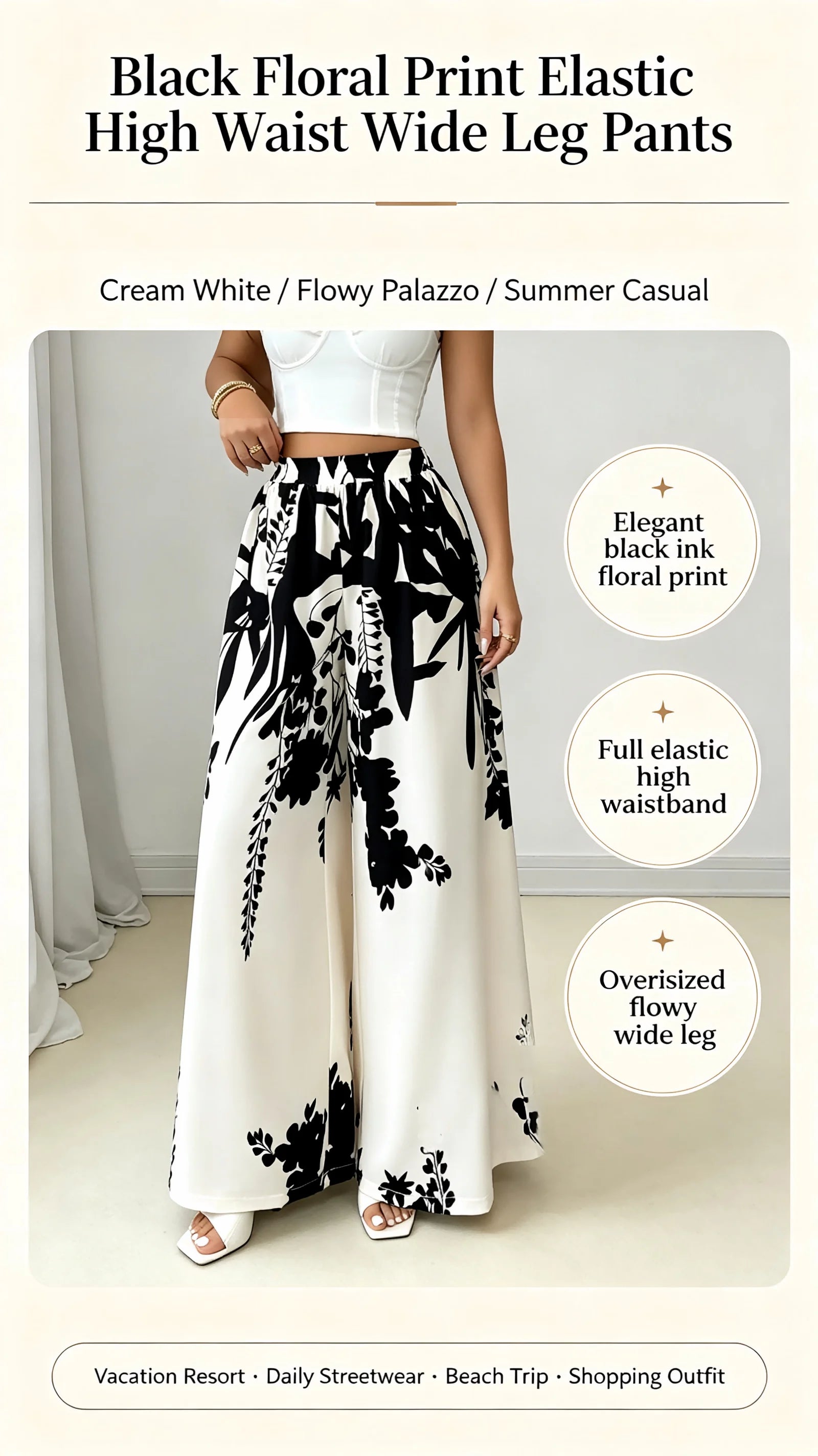 Women Black Ink Floral Print Wide Leg Pants