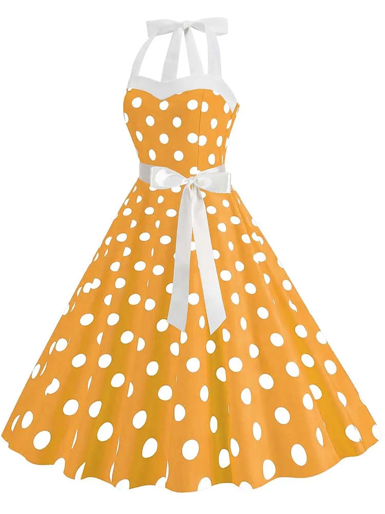 Women's Vintage Polka Dot Party Dress with Belt – 50s/60s Retro Charm