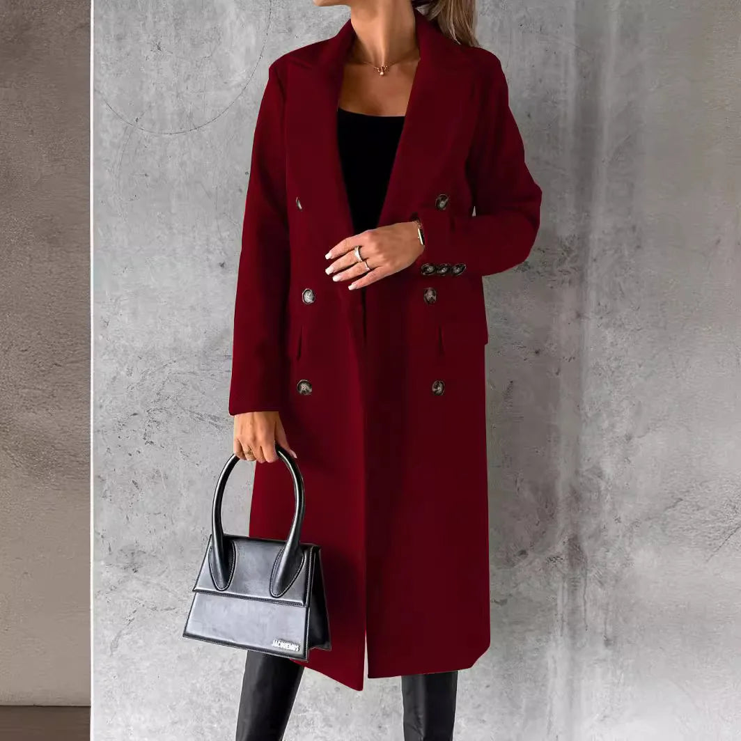 Women Wool Coats Long Jacket Double Breasted Turn Down Collar Woolen Overcoat Autumn Winter Vintage Office Lady Outerwear