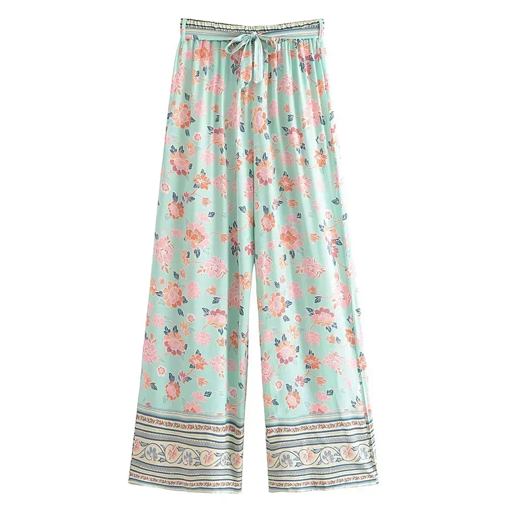 Women's Bohemian Wide-Leg Pants – Earthy Print, Free-Spirited & Flowy