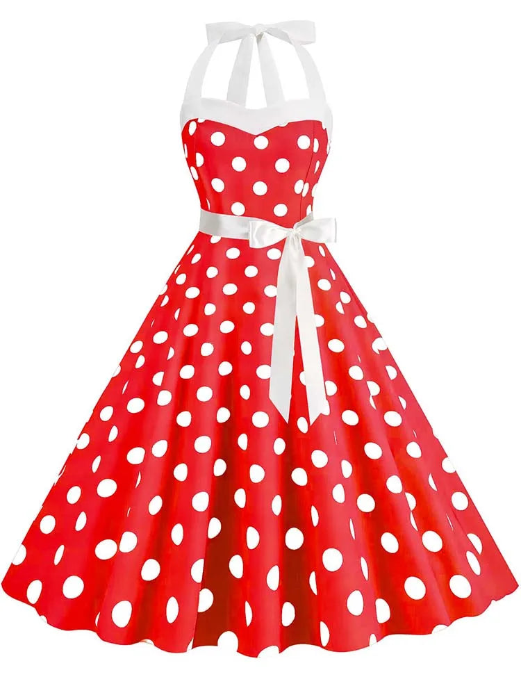 Women's Vintage Polka Dot Party Dress with Belt – 50s/60s Retro Charm