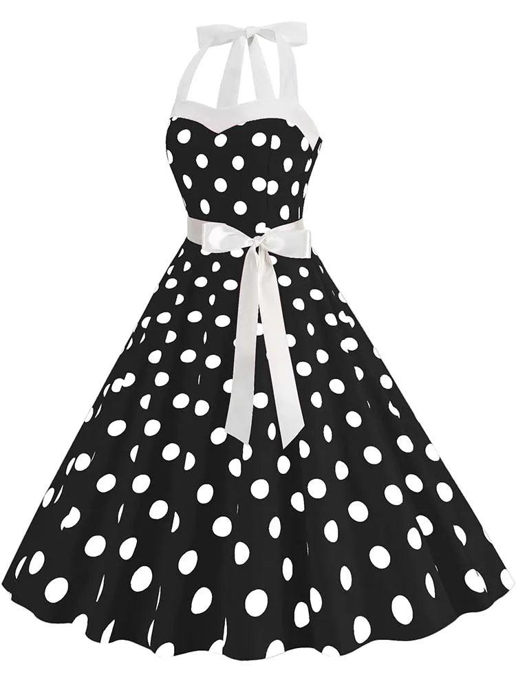 Women's Vintage Polka Dot Party Dress with Belt – 50s/60s Retro Charm