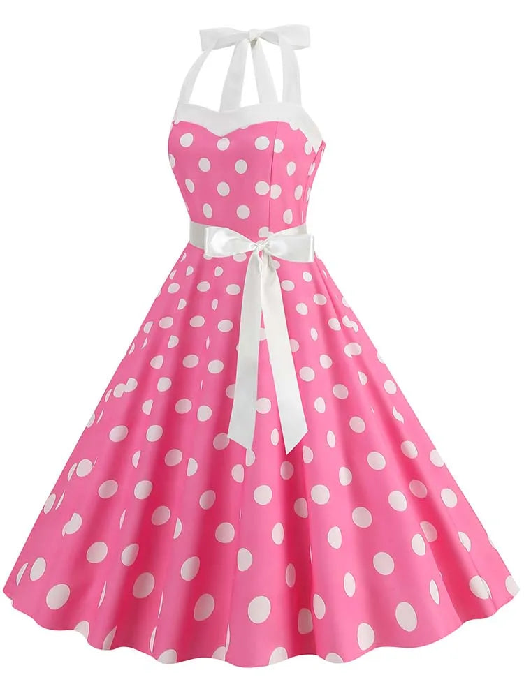 Women's Vintage Polka Dot Party Dress with Belt – 50s/60s Retro Charm